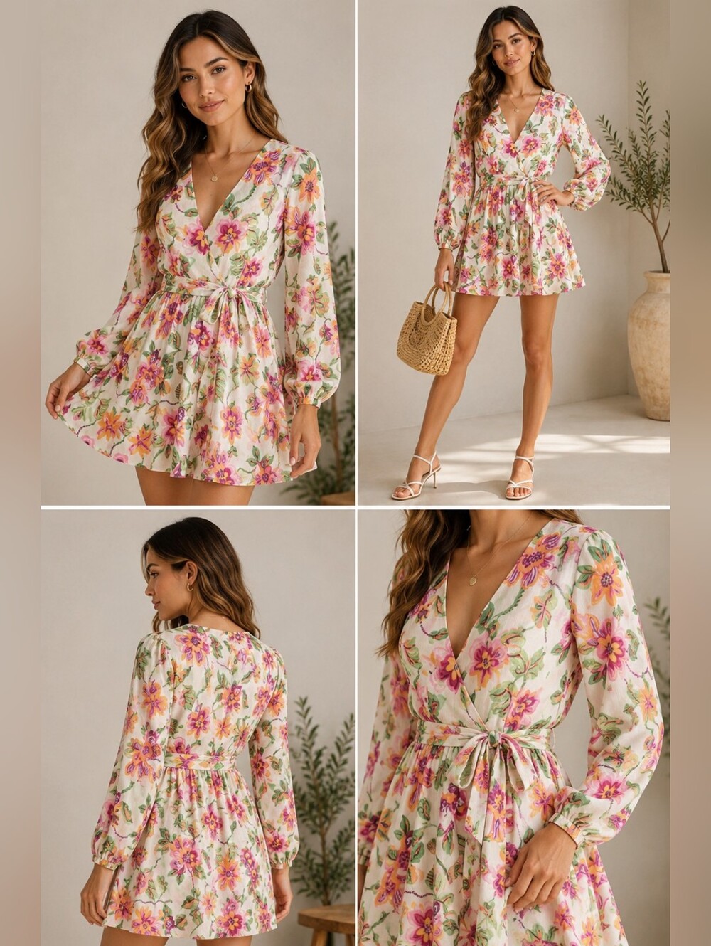 Misa Los Angeles White Floral Faux Wrap Mini Dress with Pink and Yellow Blooms - Picture 2 of 9
